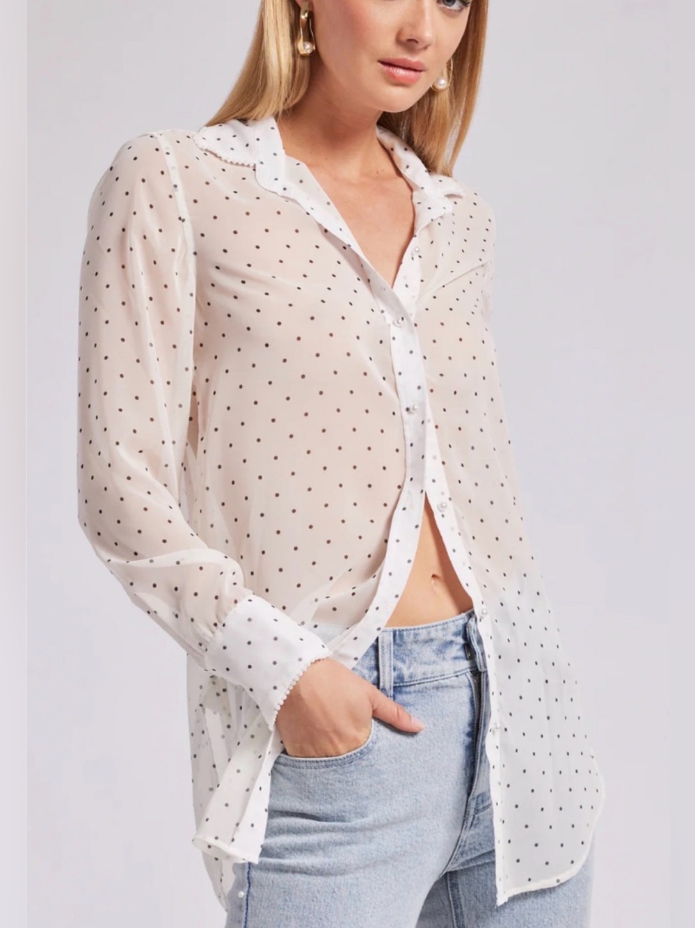 Generation Love Ivory Sheer Polka Dot Blouse with Pearl Trim & Buttons